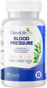GlucoLife+ Blood Pressure supplement bottle, 30 capsules